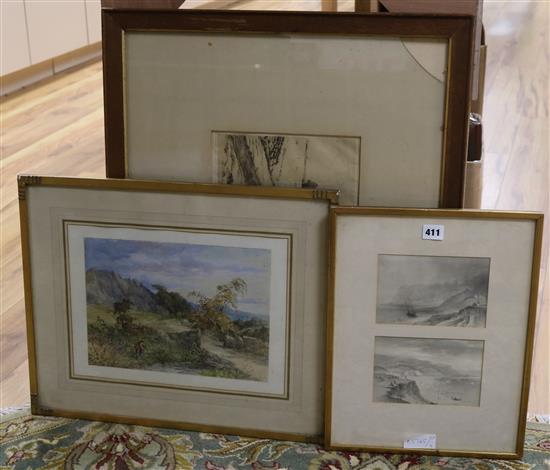 C.R. Yales, watercolour, angler in a landscape, pair coastal scenes & etching